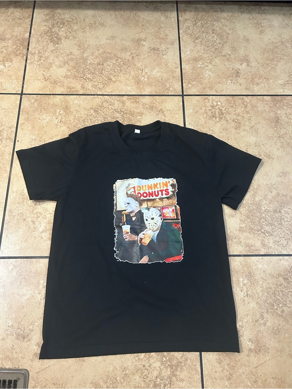 Black Graphic Short-Sleeve Men's T-Shirt with Dunkin' Donuts Illustration